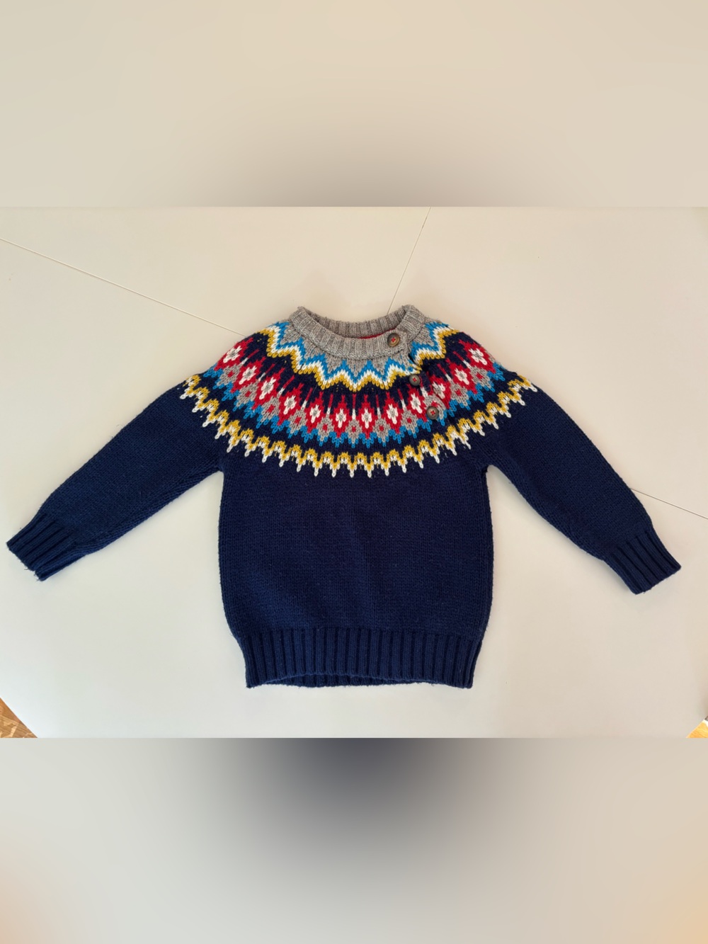 Mini Boden Navy Fair Isle Sweater with Red, Yellow and Blue Accents
